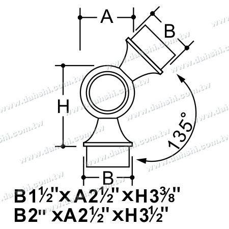 आयाम: स्टेनलेस स्टील गोल ट्यूब आंतरिक गेंद कनेक्टर 135 डिग्री 3 वे आउट