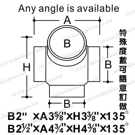 尺寸圖：不銹鋼圓管插內135度四通 - 圓型 - 沖壓製造
