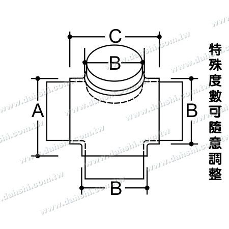 尺寸圖：不銹鋼圓管套外90度四通