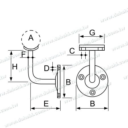 尺寸圖：螺釘外露型腳座 - 不銹鋼圓管扶手牆壁固定座 - 固定式 ( SS:2028B)