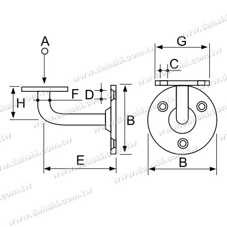尺寸圖：螺釘外露型腳座 - 不銹鋼方管、扁管扶手牆壁固定座 - 固定式 ( SS:2029B)