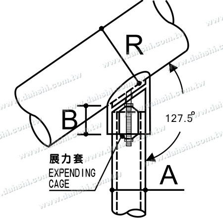 尺寸圖：不銹鋼圓管扶手與立柱樓梯斜度簡易接頭含展力套