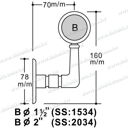 आयाम: स्क्रू बाहरी ब्रैकेट - आंतरिक गोल ट्यूब हैंडरेल वॉल ब्रैकेट अंत (दाएं हाथ की ओर)