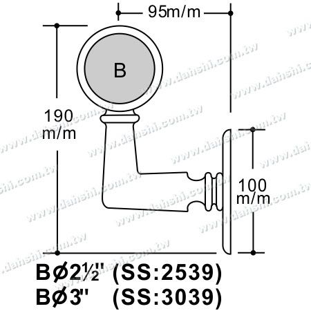 Kích thước: Ốc vít Gắn ngoài - Kẹp tường hai bên ống tròn nội bậc kích thước lớn (Bên trái)