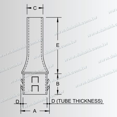 Dimension : Connecteur de poteau perpendiculaire pour main courante en tube rond en acier inoxydable avec réducteur conique - Conception à ressort de sortie - Sans soudure / applicable avec de la colle