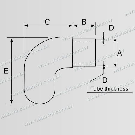 Dimensión: Codo de 90 grados para pasamanos de tubo redondo de acero inoxidable con extremo plano