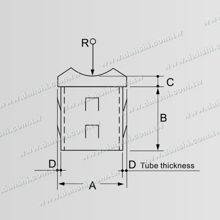Dimension : Connecteur de selle de poteau perpendiculaire pour main courante en tube rond en acier inoxydable - Conception à ressort de sortie - Sans soudure / applicable avec de la colle