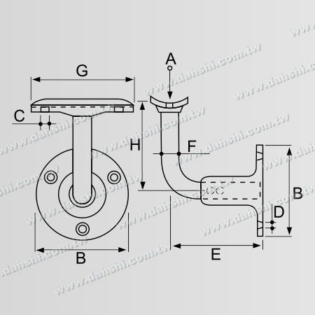 尺寸圖：螺釘外露型腳座 - 不銹鋼圓管扶手牆壁固定座可調整壁面與扶手的距離 - 固定式