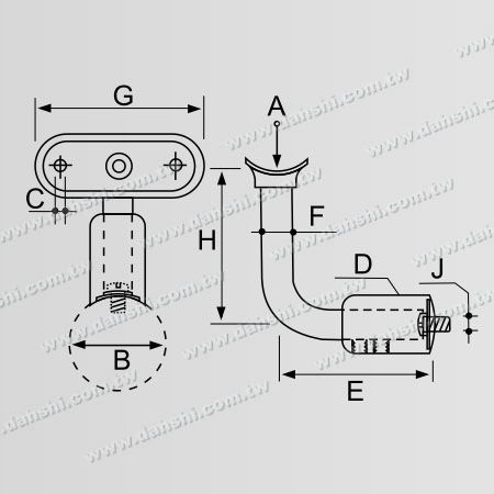 Dimension : Support de rampe en acier inoxydable à tube rond - Support mural réglable en longueur entre le mur et la rampe - Angle fixe
