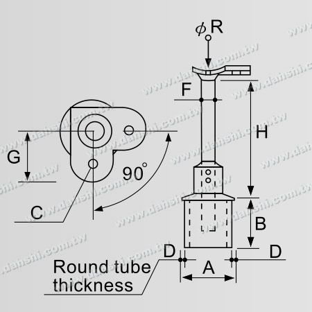 Dimension : Connecteur de poteau perpendiculaire pour main courante en tube rond en acier inoxydable, réducteur à 90 degrés, hauteur réglable à plat