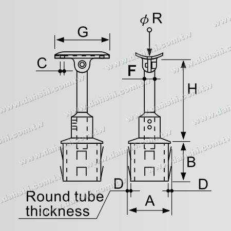 ابعاد: نرده لوله گرد استیل ضد زنگ، اتصال دهنده پست عمودی، پشتیبانی با ارتفاع قابل تنظیم و شعاعی - طراحی فنر خروجی - بدون جوش/ قابل استفاده با چسب