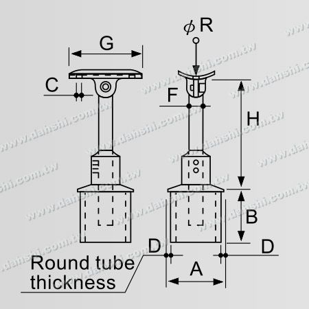 Dimension : Support de connecteur de poteau perpendiculaire de main courante en tube rond en acier inoxydable - Support de rayon réglable en hauteur