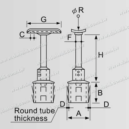 尺寸圖：不銹鋼圓管扶手與立柱樓梯平台活動接頭 - 高度可微調 - 出口冲齒 - 免焊接 / 可用膠固定