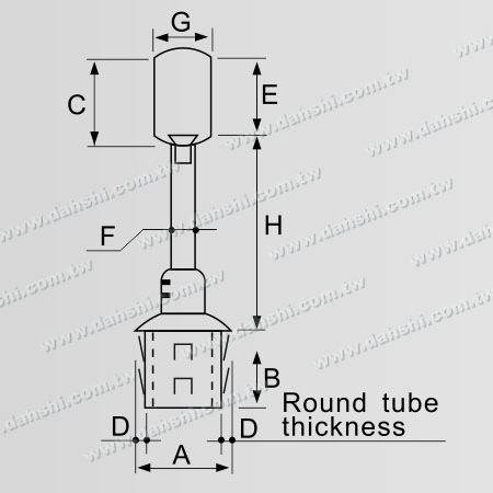 Dimension : Connecteur de poteau perpendiculaire en tube rond en acier inoxydable pour main courante avec anneau traversant réglable en hauteur - Conception à ressort de sortie