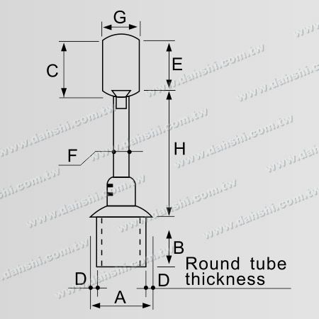 Dimension : Connecteur de poteau perpendiculaire en tube rond en acier inoxydable pour main courante avec anneau traversant réglable en hauteur