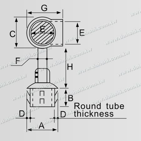 尺寸图：不锈钢圆管扶手与立柱平台套管式90度接头- 高度可微调- 出口冲齿- 免焊接/ 可用胶固定