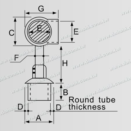 尺寸圖：不銹鋼圓管扶手與立柱平台套管式90度接頭 - 高度可微調