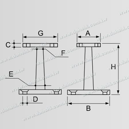尺寸图：螺钉外露型脚座- 阳台或室内装饰栏杆顶式固定座