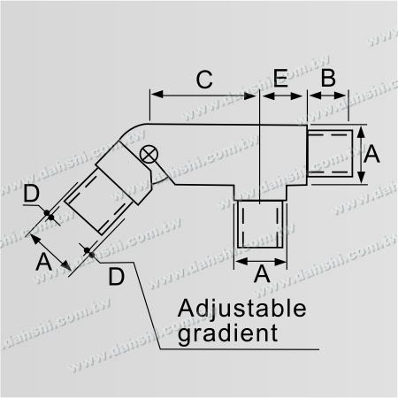 尺寸圖：不銹鋼圓管套外樓梯用斜度活動轉角彎頭 - T型三通