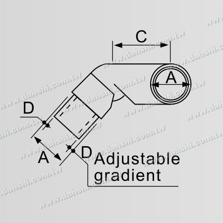 尺寸圖：不銹鋼圓管套外樓梯用斜度活動轉角彎頭