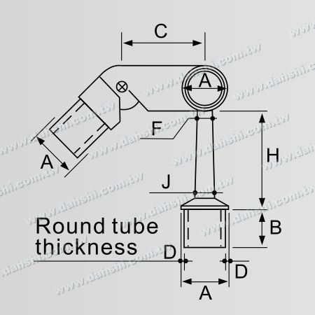Dimenzija: Povezovalnik nastavljivega podpornega cevnega povezovalnika za zunanje prileganje na desni strani za okroglo cevno ograjo iz nerjavečega jekla, ki je pritrjena na navpični stebriček