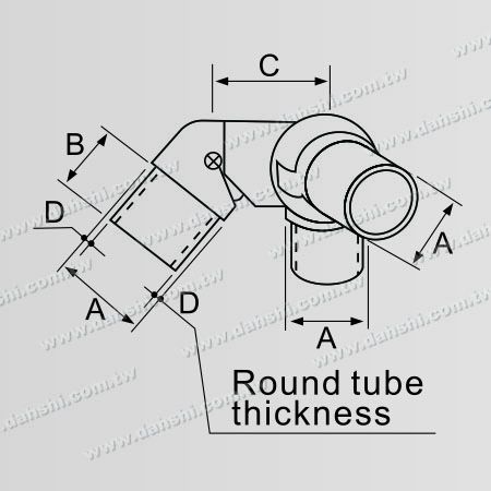 Dimensión: Conector de esquina de acero inoxidable para tubo redondo de escalera interno, con bola, de 3 vías, ángulo ajustable hacia afuera