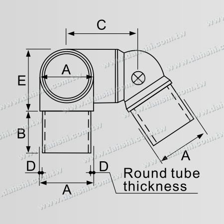 Dimenzija: Notranji vogalni konektor stopniščnega vogala iz nerjavečega jekla okrogle cevi, 3 izhodi, nastavljiv levi kot