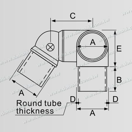 Dimensión: Conector de esquina de escalera interna de tubo redondo de acero inoxidable de 3 vías, ángulo ajustable hacia la derecha