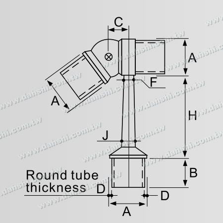 尺寸图：不锈钢圆管扶手与立柱圆管套外楼梯斜度活动接头