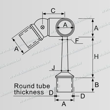 Dimenzija: Povezovalnik nastavljivega podpornega krogle za zunanje prileganje trapezoidnega stebla za okroglo cevno ograjo iz nerjavečega jekla, ki je pritrjena na navpični stebriček na desni strani