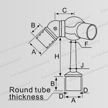 Dimensión: Conector de soporte ajustable para poste perpendicular de barandilla de tubo redondo de acero inoxidable, tipo de bola, ajuste externo, vástago trapezoidal