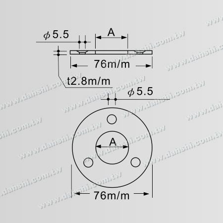 尺寸图：不锈钢圆管简易型底盘固定座- 螺钉外露式