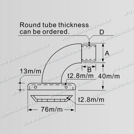 Dimensão: Suporte de corrimão de tubo redondo em aço inoxidável em forma de cotovelo de 90 graus com tampa - Parafuso invisível