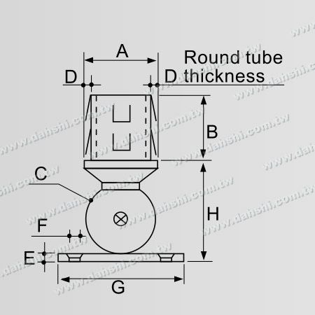 尺寸圖：不銹鋼圓管套外圓盤可調式活動固定座 - 螺釘外露式 - 出口冲齒 - 免焊接 / 可用膠固定