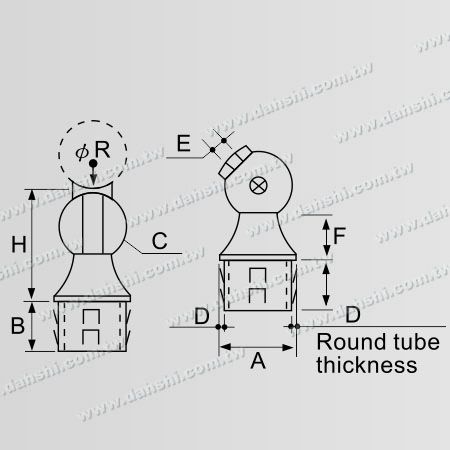 尺寸圖：不銹鋼圓管扶手與立柱圓管套外樓梯斜度活動接頭 - 出口冲齒 - 免焊接 / 可用膠固定