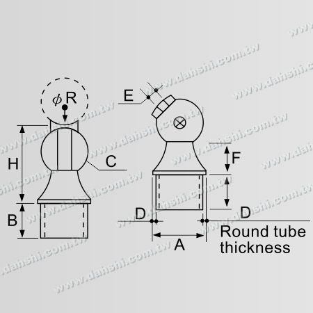 Dimension : Connecteur de support réglable pour poteau perpendiculaire de main courante en acier inoxydable pour tube rond
