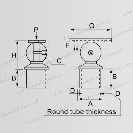Dimension : Connecteur de support réglable pour poteau perpendiculaire de main courante en acier inoxydable pour tube carré et tube rectangulaire - ajustement interne avec rayon