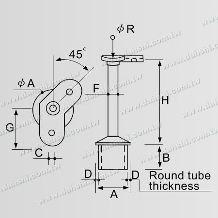 Dimension : Connecteur de support de poteau perpendiculaire en tube rond en acier inoxydable pour main courante à 45 degrés