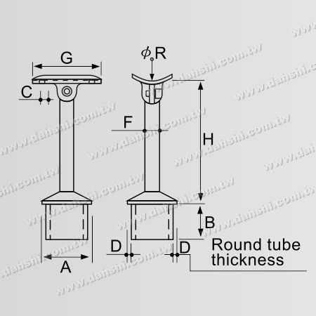 Dimensión: Conector de soporte ajustable en ángulo para poste perpendicular de barandilla de tubo redondo de acero inoxidable