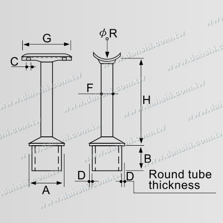 Dimension : Connecteur de support de poteau perpendiculaire en tube rond en acier inoxydable pour main courante