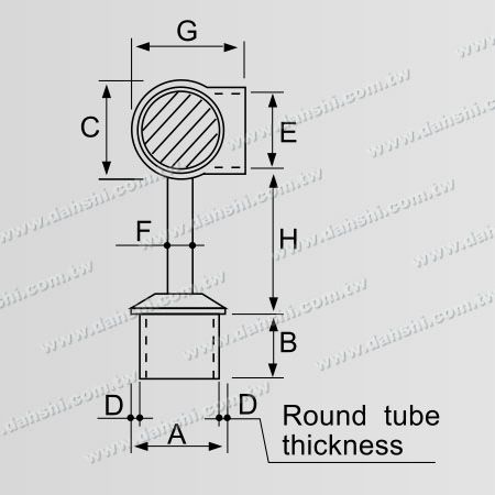 尺寸圖：不銹鋼圓管扶手與立柱平台套管式90度接頭