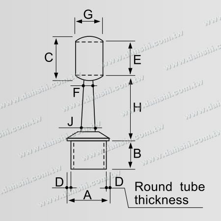 尺寸圖：不銹鋼圓管扶手與立柱平台套管式斜圓條接頭 