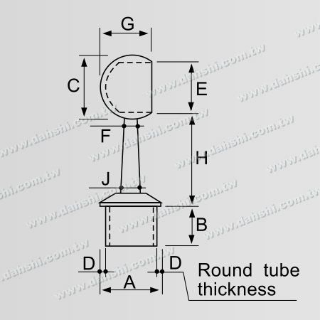 Dimensión: Conector de poste perpendicular de barandilla de tubo redondo de acero inoxidable con anillo cerrado y vástago trapezoidal