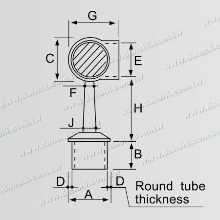 Dimensión: Conector de poste perpendicular de barandilla de tubo redondo de acero inoxidable con anillo de esquina de 90 grados y vástago trapezoidal