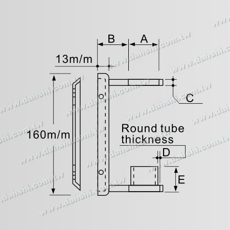 Dimensión: Soporte de pasamanos de tubo redondo de acero inoxidable con respaldo rectangular - Extremo plano