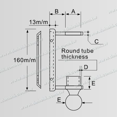 Dimension：Stainless Steel Round Tube Handrail Bracket Rectangle Back - Ball Type End