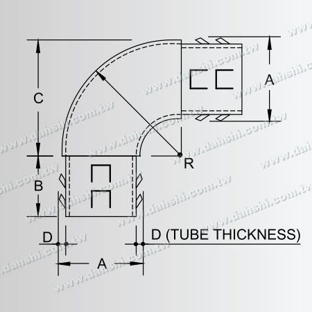尺寸圖：不銹鋼圓管套外90度彎頭 - 弧角 - 出口冲齒 - 免焊接 / 可用膠固定
