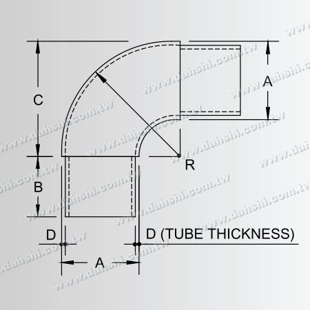 Dimensione: Curva interna a 90 gradi in tubo rotondo in acciaio inossidabile