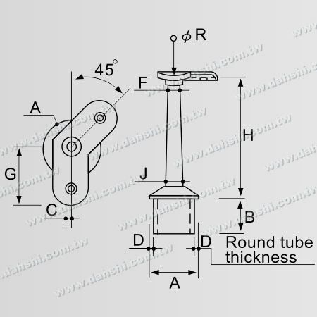 Dimensión: Conector de soporte de poste perpendicular de pasamanos de tubo redondo de acero inoxidable con tallo trapezoidal