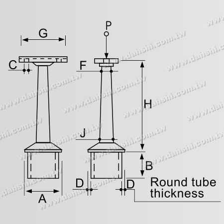 尺寸圖：不銹鋼方管及扁管扶手與立柱平台斜圓條支撐接頭